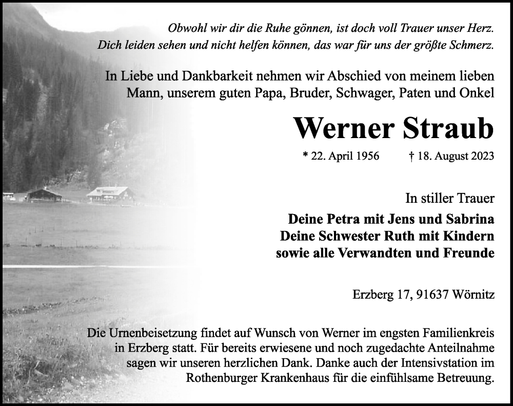  Traueranzeige für Werner Straub vom 26.08.2023 aus Rothenburg