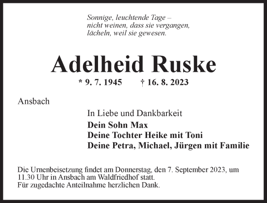Traueranzeige von Adelheid Ruske von Ansbach