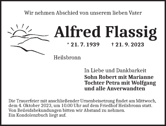 Traueranzeige von Alfred Flassig von Ansbach