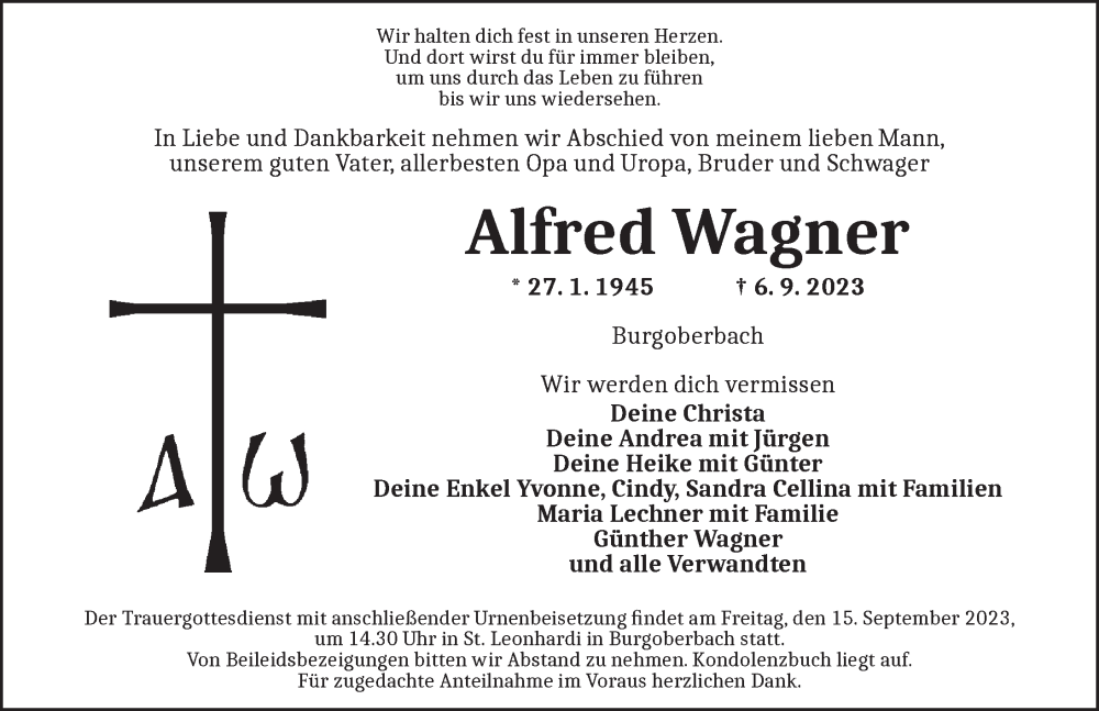  Traueranzeige für Alfred Wagner vom 12.09.2023 aus Ansbach