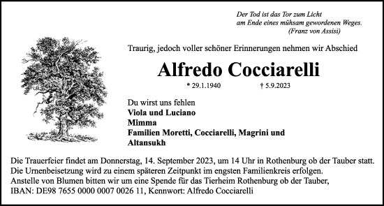 Traueranzeige von Alfredo Cocciarelli von Rothenburg