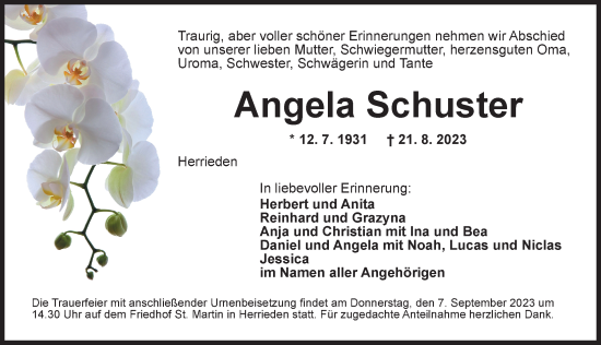 Traueranzeige von Angela Schuster von Ansbach