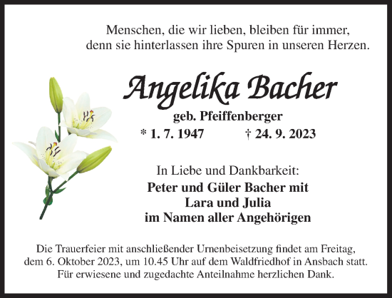 Traueranzeige von Angelika Bacher von Ansbach