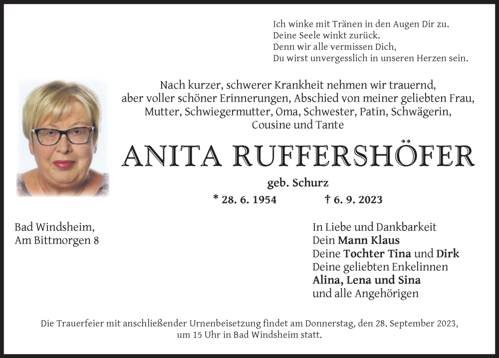  Traueranzeige für Anita Ruffershöfer vom 26.09.2023 aus Neustadt/ Scheinfeld/ Uffenheim