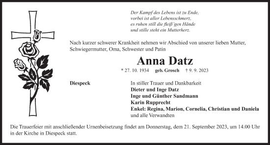 Traueranzeige von Anna Datz von Neustadt/ Scheinfeld/ Uffenheim