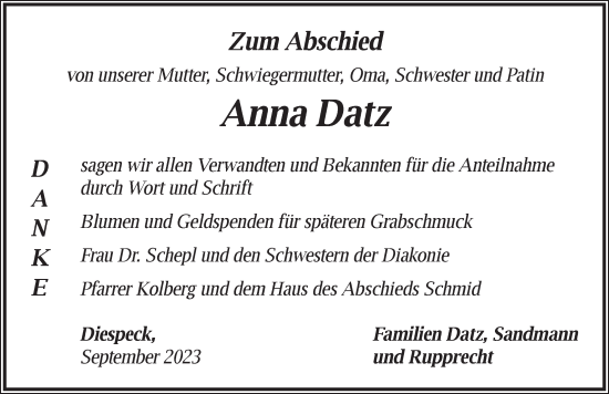 Traueranzeige von Anna Datz von Neustadt/ Scheinfeld/ Uffenheim