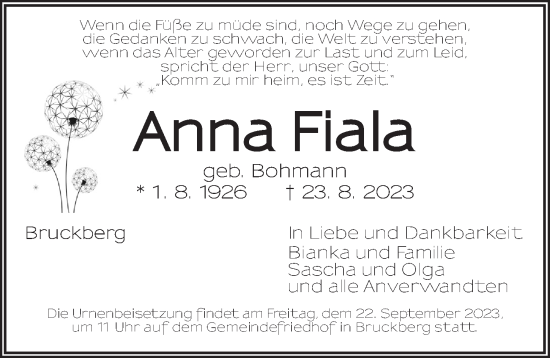 Traueranzeige von Anna Fiala von Ansbach