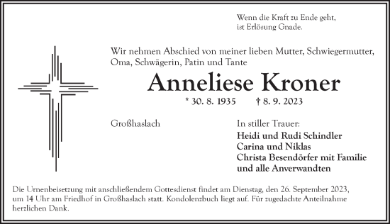 Traueranzeige von Anneliese Kroner von Ansbach