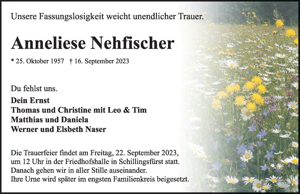  Traueranzeige für Anneliese Nehfischer vom 21.09.2023 aus Rothenburg