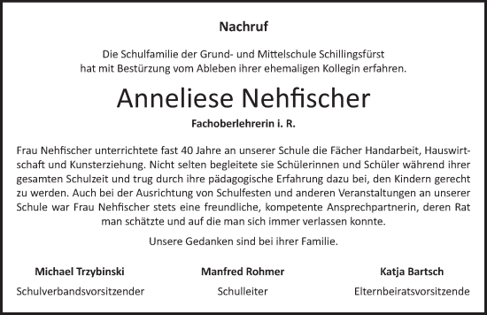 Traueranzeige von Anneliese Nehfischer von Rothenburg