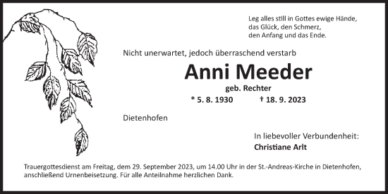 Traueranzeige von Anni Meeder von Ansbach