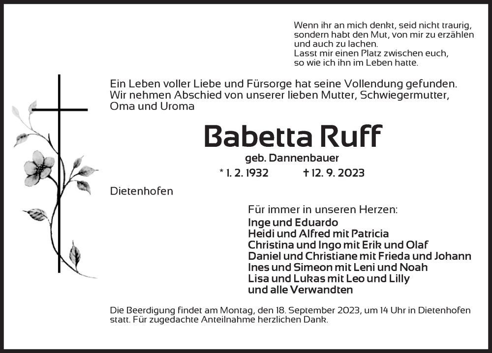  Traueranzeige für Babetta Ruff vom 15.09.2023 aus Ansbach