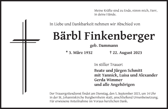 Traueranzeige von Bärbl Finkenberger von Neustadt/ Scheinfeld/ Uffenheim