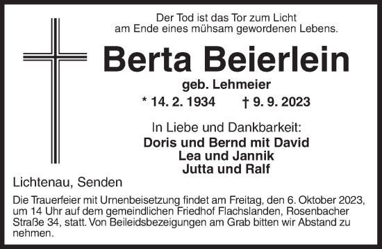 Traueranzeige von Berta Beierlein von Ansbach