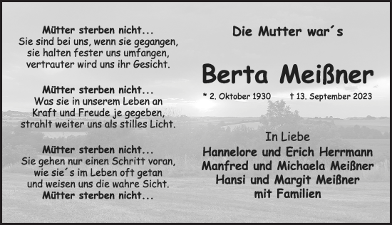 Traueranzeige von Berta Meißner von Rothenburg
