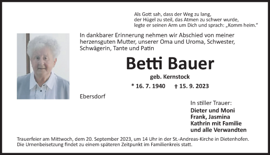 Traueranzeige von Betti Bauer von Ansbach