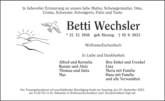 Traueranzeige von Betti Wechsler von Ansbach