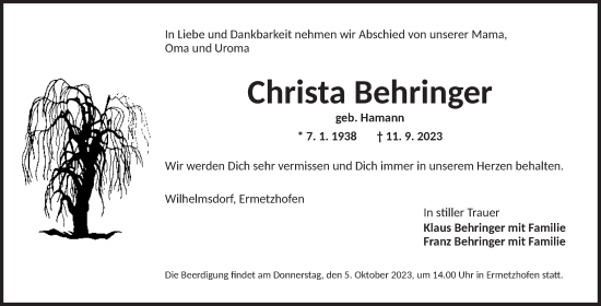 Traueranzeige von Christa Behringer von Neustadt/ Scheinfeld/ Uffenheim