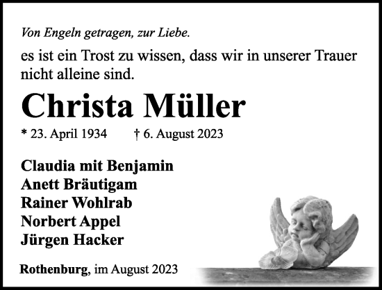 Traueranzeige von Christa Müller von Rothenburg