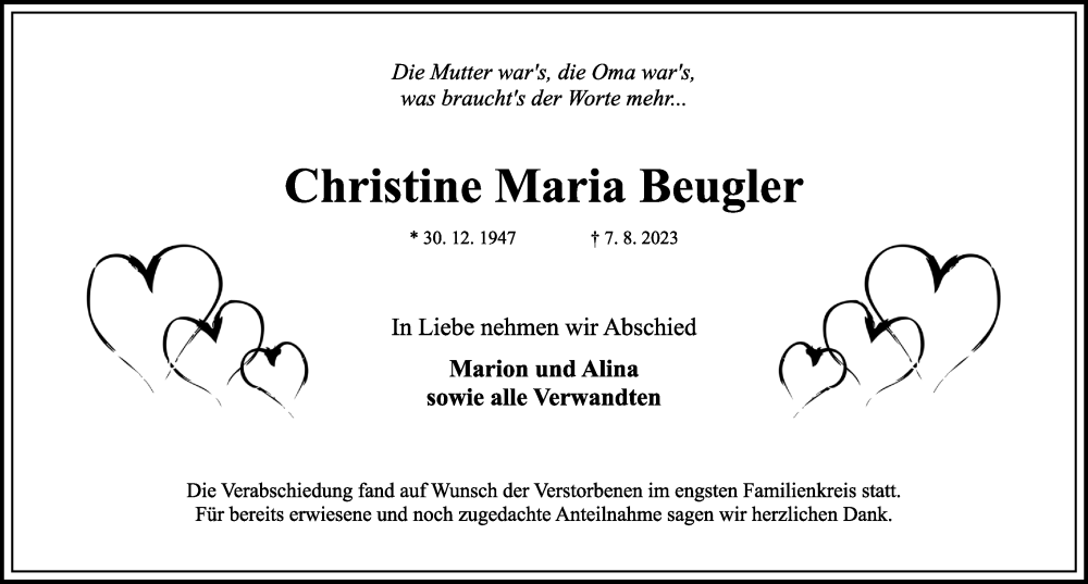  Traueranzeige für Christine Maria Beugler vom 02.09.2023 aus Rothenburg