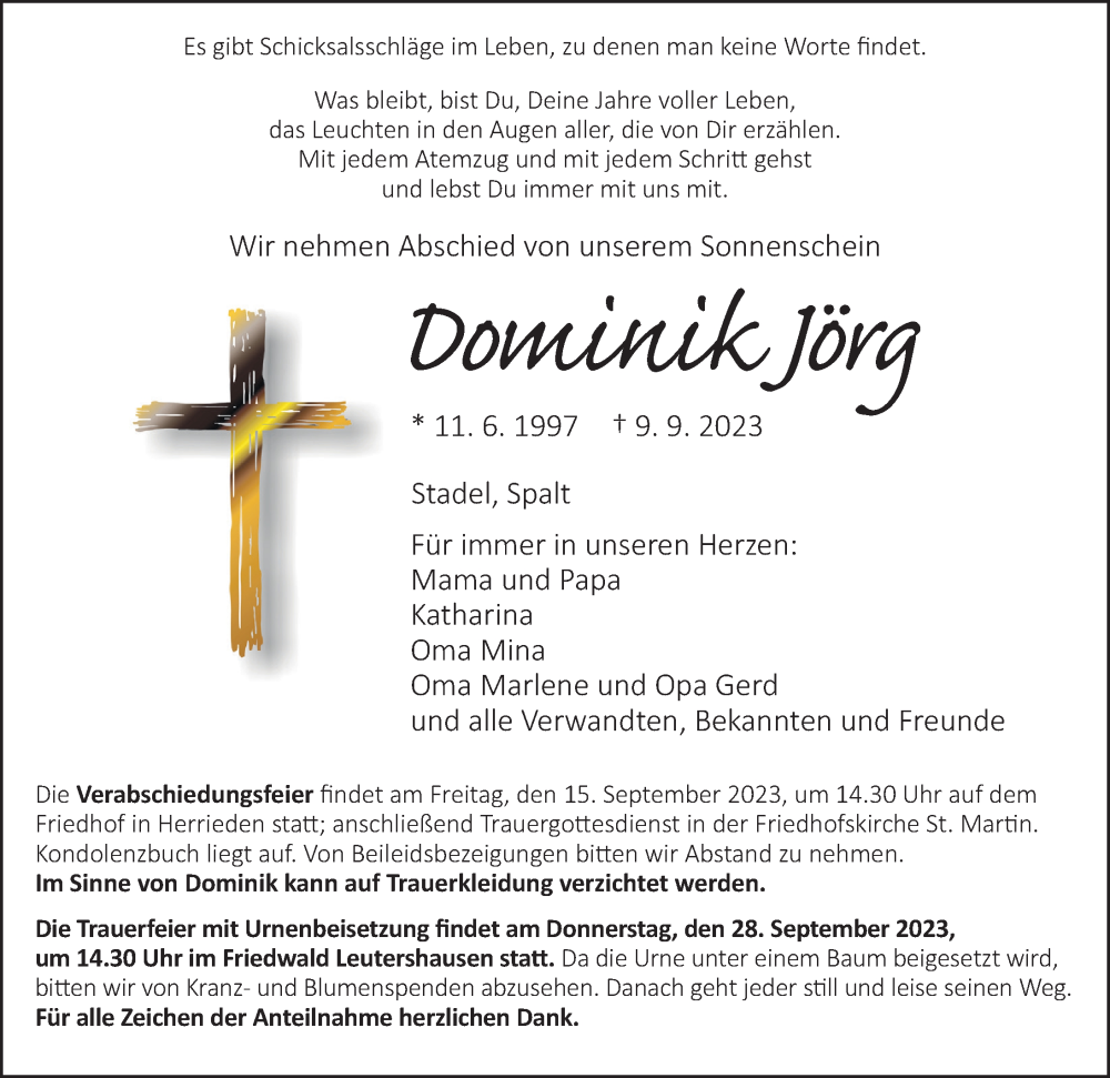  Traueranzeige für Dominik Jörg vom 13.09.2023 aus Ansbach