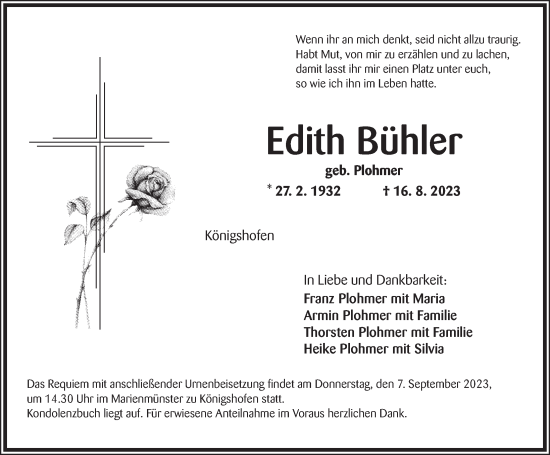 Traueranzeige von Edith Bühler von Dinkelsbühl/ Feuchtwangen