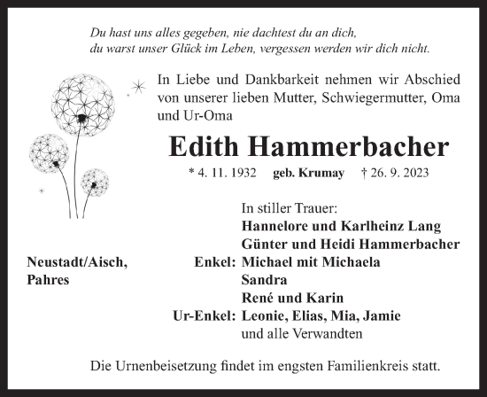 Traueranzeige von Edith Hammerbacher von Neustadt/ Scheinfeld/ Uffenheim