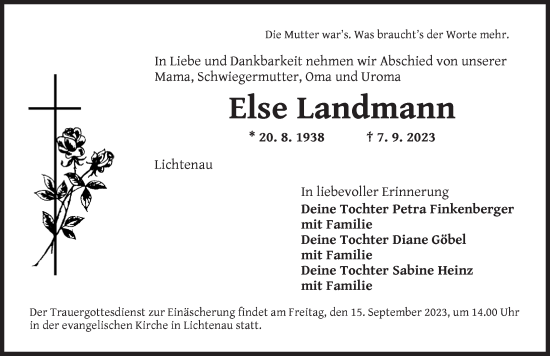 Traueranzeige von Else Landmann von Ansbach