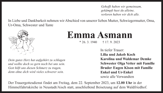 Traueranzeige von Emma Asmann von Neustadt/ Scheinfeld/ Uffenheim
