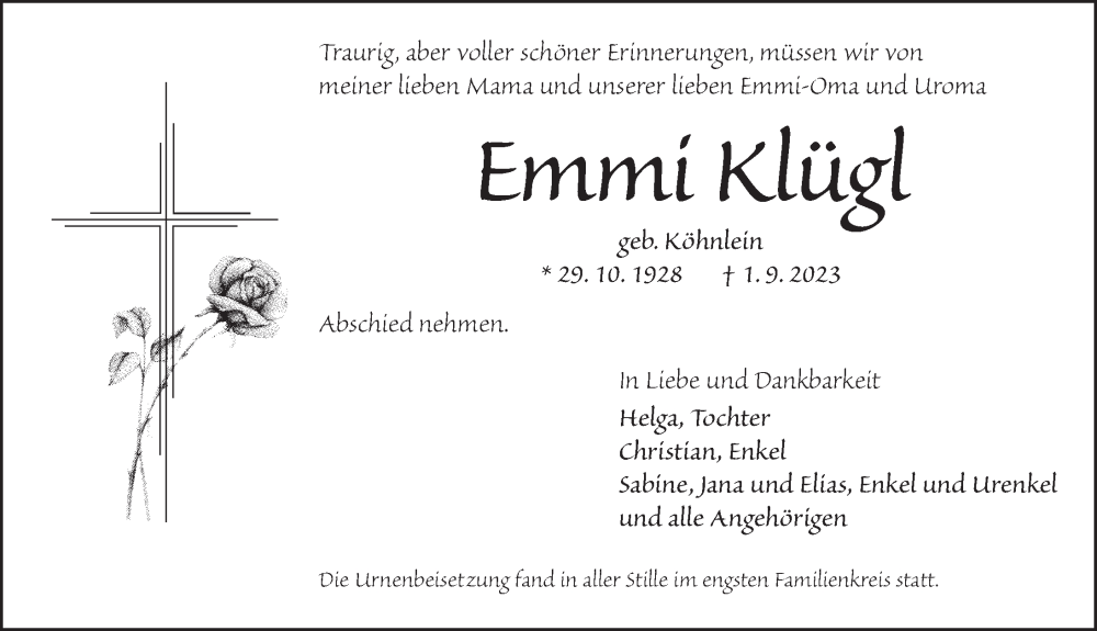  Traueranzeige für Emmi Klügl vom 16.09.2023 aus Dinkelsbühl/ Feuchtwangen