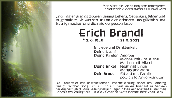 Traueranzeige von Erich Brandl von Ansbach