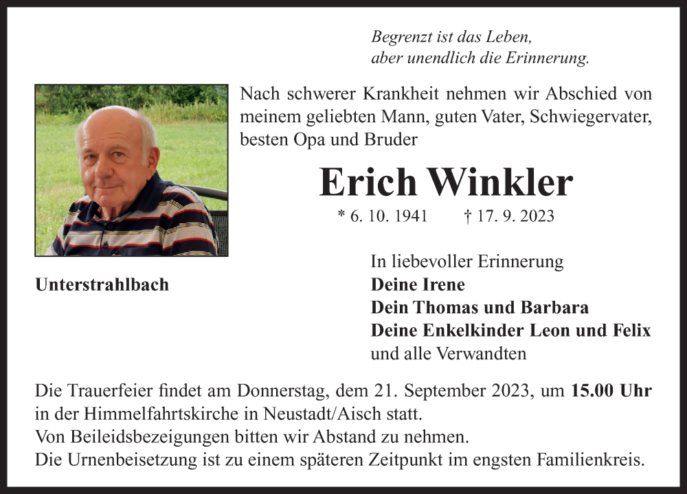  Traueranzeige für Erich Winkler vom 19.09.2023 aus Neustadt/ Scheinfeld/ Uffenheim