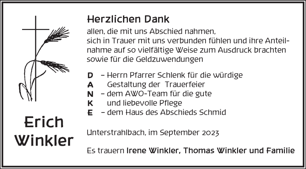  Traueranzeige für Erich Winkler vom 29.09.2023 aus Neustadt/ Scheinfeld/ Uffenheim