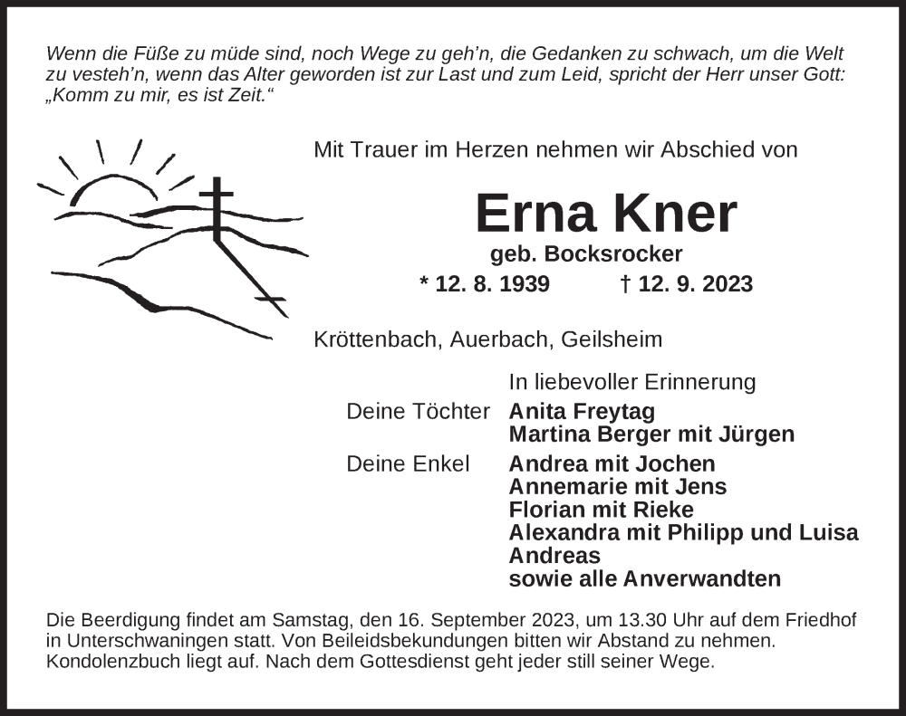  Traueranzeige für Erna Kner vom 15.09.2023 aus GE