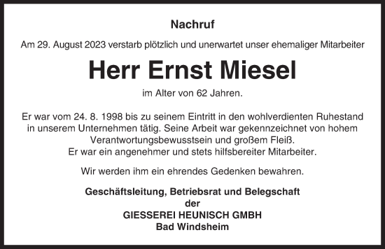 Traueranzeige von Ernst Miesel von Neustadt/ Scheinfeld/ Uffenheim