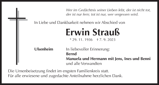 Traueranzeige von Erwin Strauß von Neustadt/ Scheinfeld/ Uffenheim