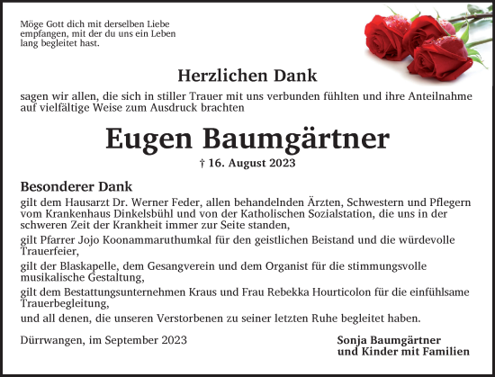 Traueranzeige von Eugen Baumgärtner von Dinkelsbühl/ Feuchtwangen