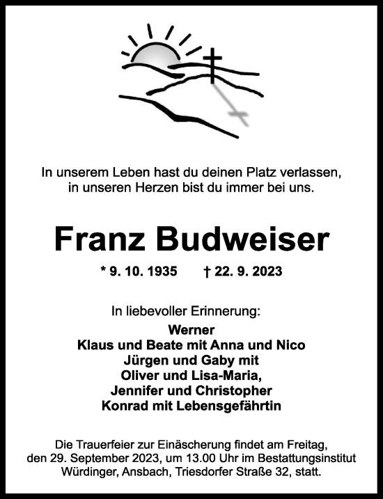 Traueranzeige von Franz Budweiser von Ansbach