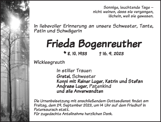 Traueranzeige von Frieda Bogenreuther von Ansbach