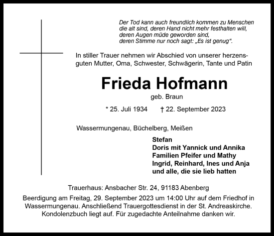 Traueranzeige von Frieda Hofmann von Ansbach