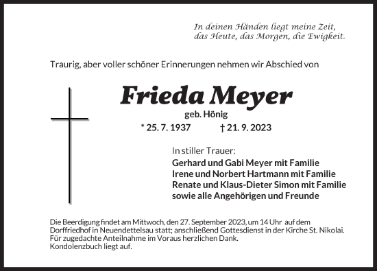 Traueranzeige von Frieda Meyer von Ansbach