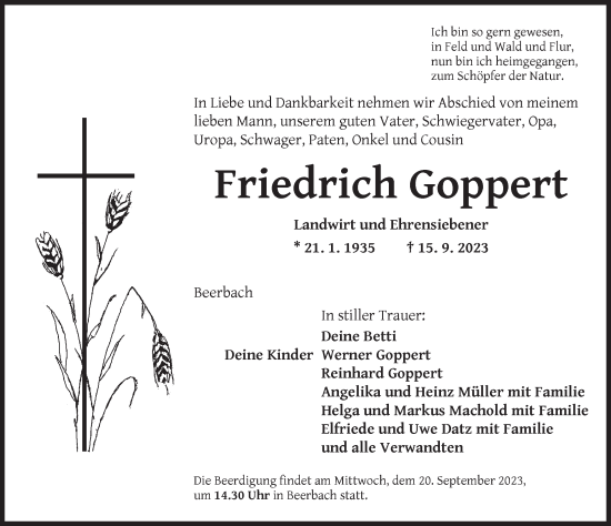Traueranzeige von Friedrich Goppert von Neustadt/ Scheinfeld/ Uffenheim