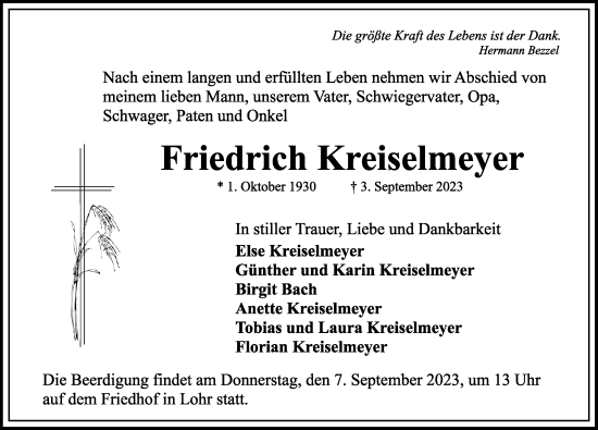 Traueranzeige von Friedrich Kreiselmeyer von Rothenburg