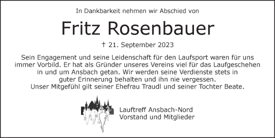 Traueranzeige von Fritz Rosenbauer von Ansbach