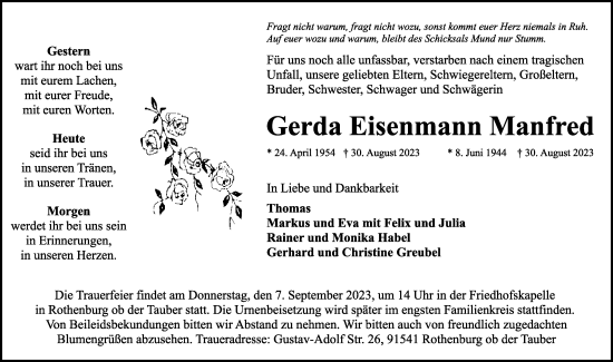 Traueranzeige von Gerda Eisenmann von Rothenburg