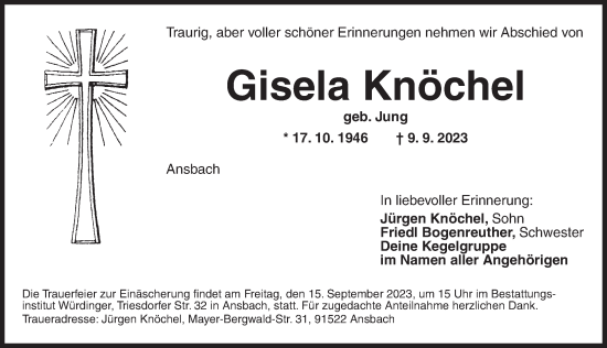 Traueranzeige von Gisela Knöchel von Ansbach