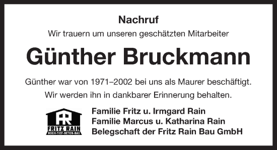 Traueranzeige von Günther Bruckmann von Neustadt/ Scheinfeld/ Uffenheim