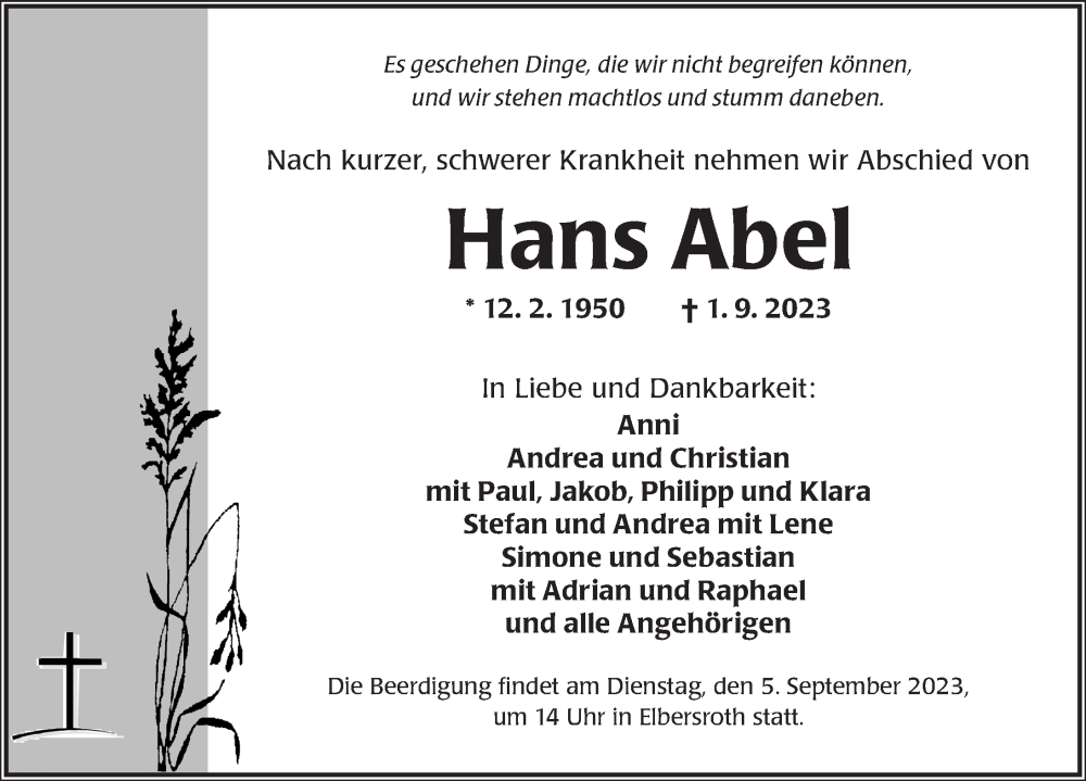  Traueranzeige für Hans Abel vom 04.09.2023 aus Ansbach