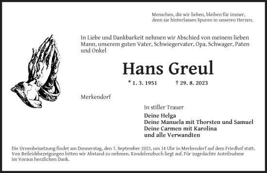 Traueranzeige von Hans Greul von Ansbach