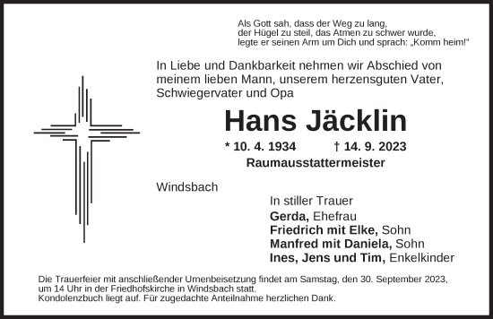 Traueranzeige von Hans Jäcklin von Ansbach